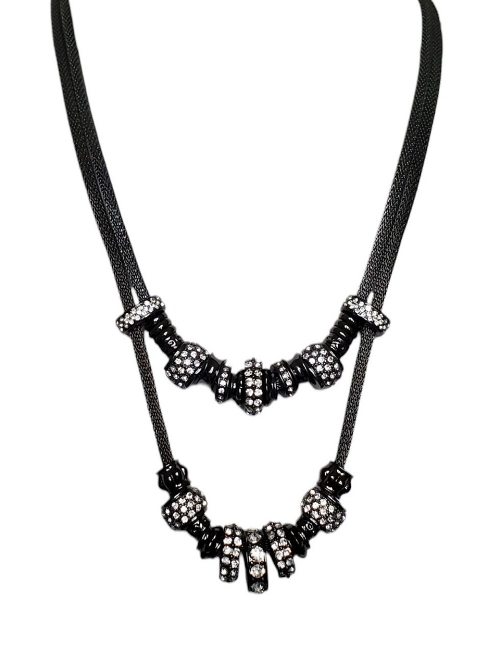 Estate Chico's Gunmetal Mesh Double Strand Rhinestone Statement Necklace - 24"